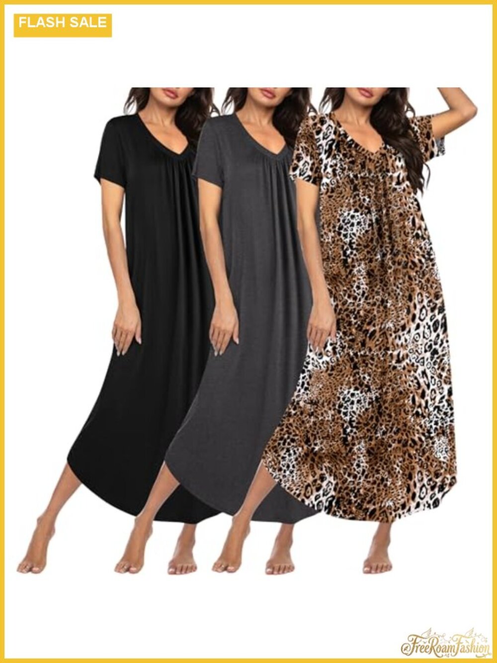 Long Nightgowns for Women 3 Pack Plus Size Short Sleeve V-Neck Moo Moos